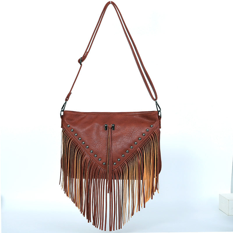 Studded Rivets Soft Leather Casual Crossbody Handbag One Size Brown