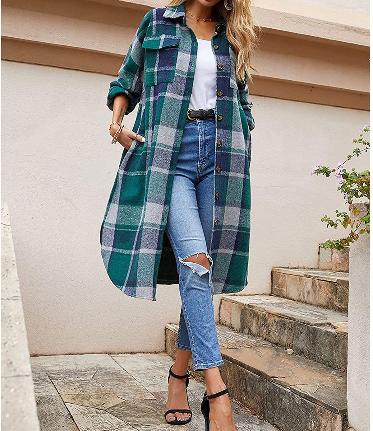 Plaid Woolen Slim Long Coat Green