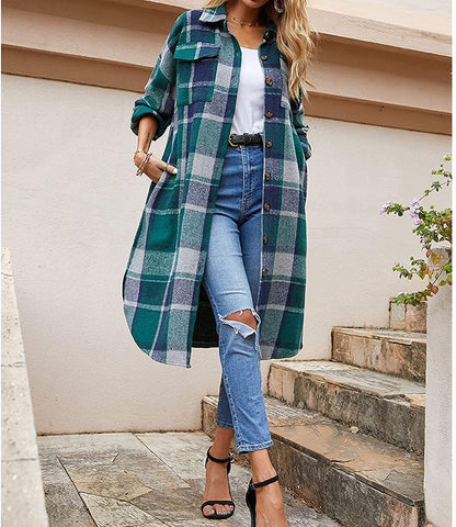 Plaid Woolen Slim Long Coat Green