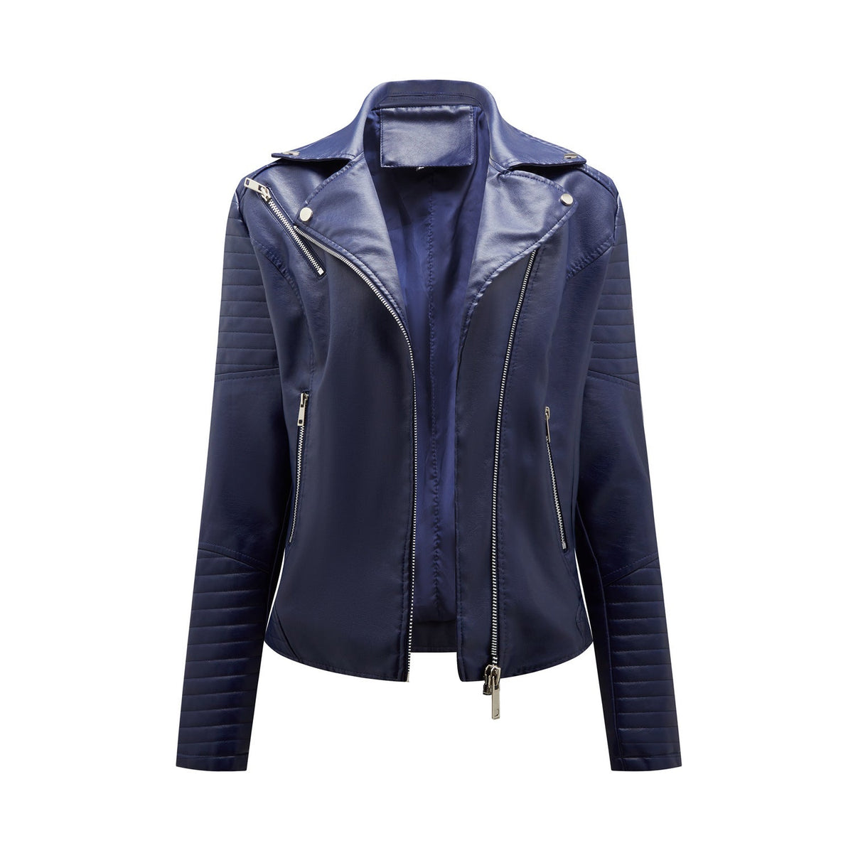 Faux Leather Collared Motorcycle Jacket Purplish Blue