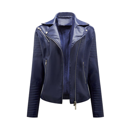 Faux Leather Collared Motorcycle Jacket Purplish Blue