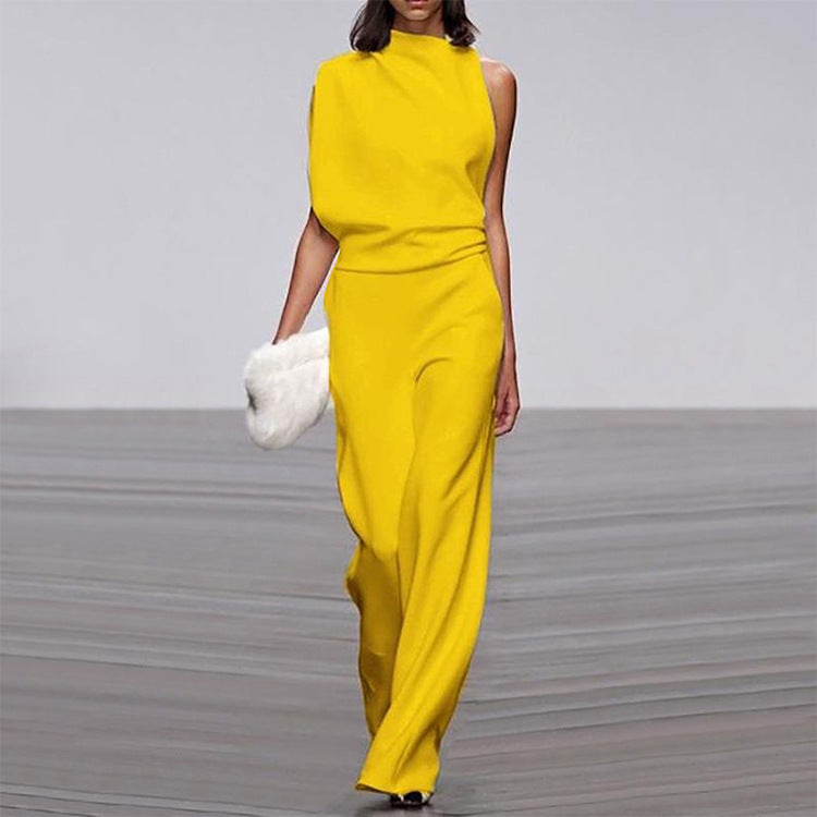 Solid Color One Shoulder Jumpsuit Yellow