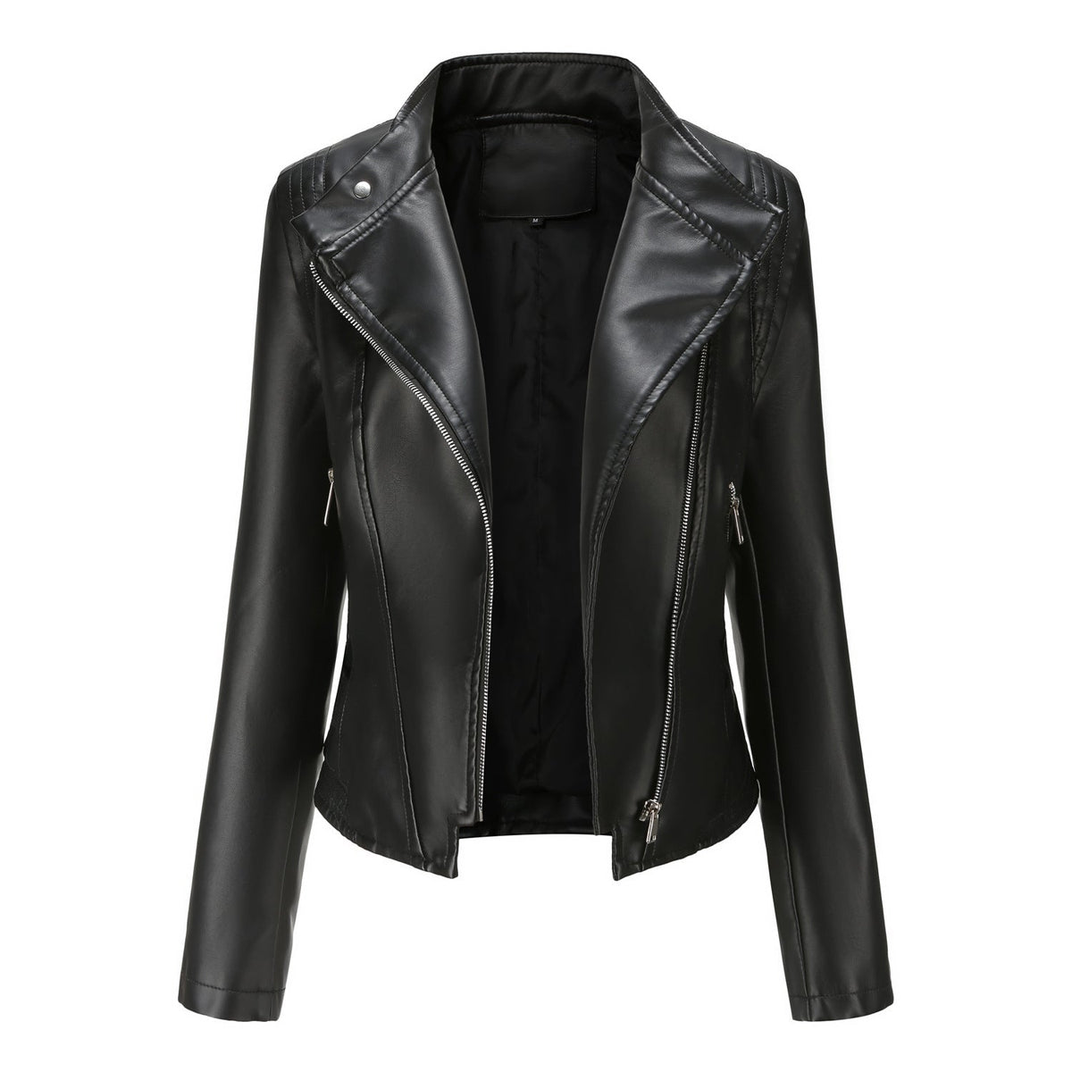 Faux Leather Collared Slim-Fit Jacket Black