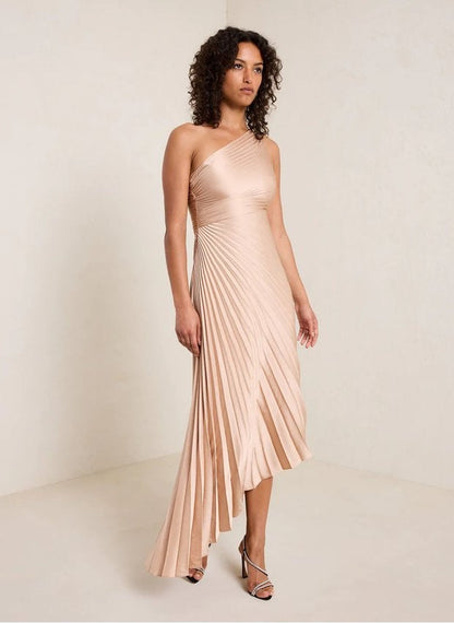 One Shoulder Sun Pleated Satin Dress Apricot