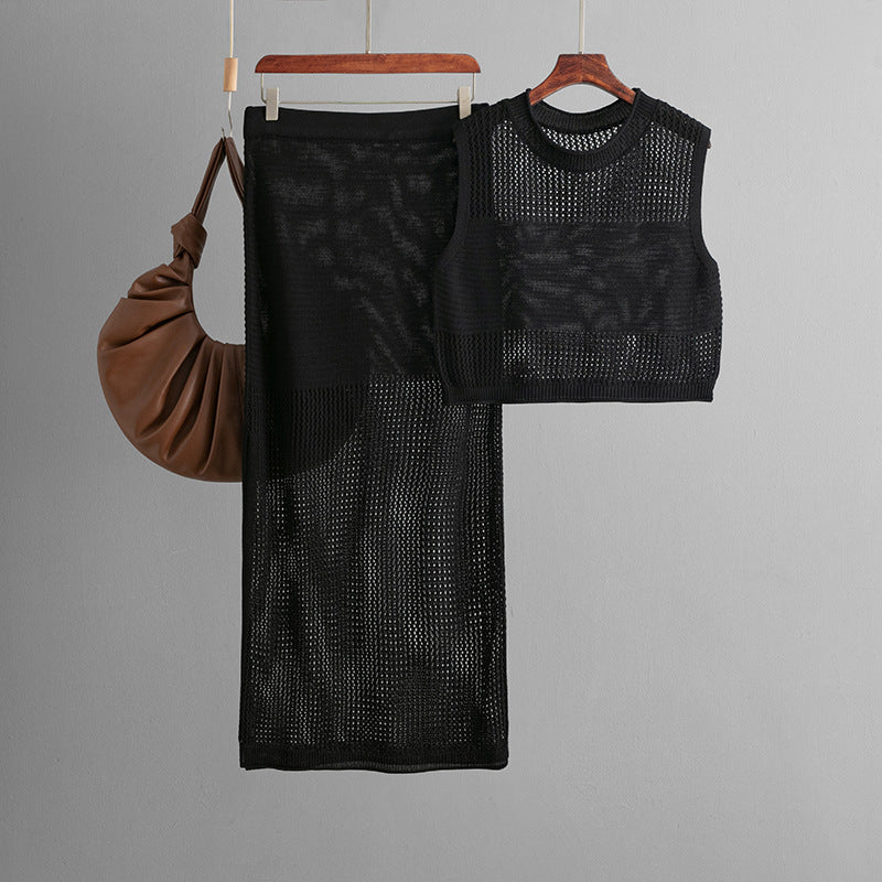 Slim Hollow Out Cutout Sleeveless Vest Summer Knitted Slit Skirt Two Piece Set One Size Black