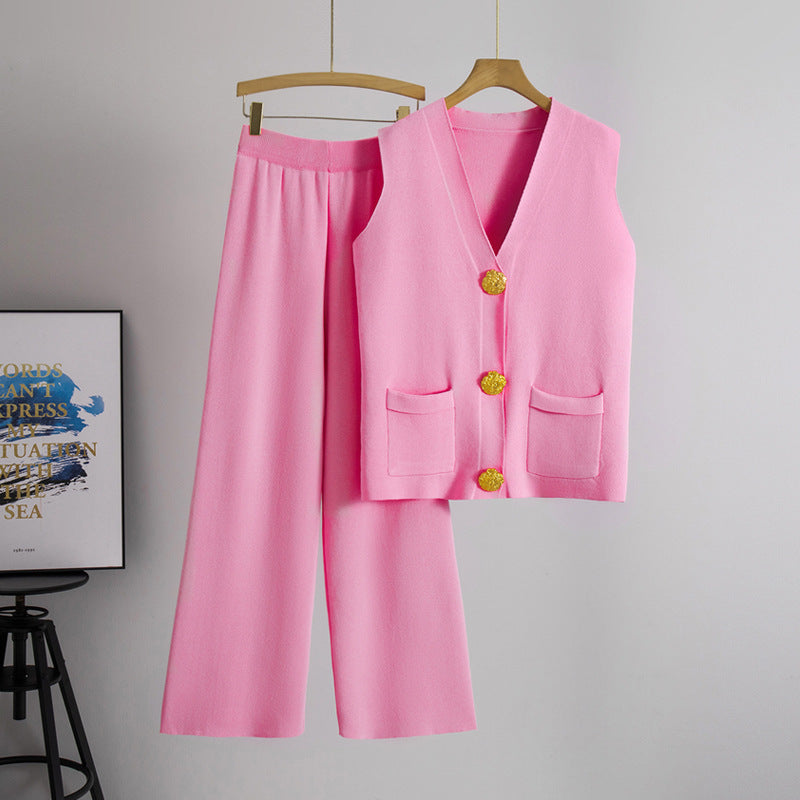 V neck Knitted Two Piece Set One Size Pink
