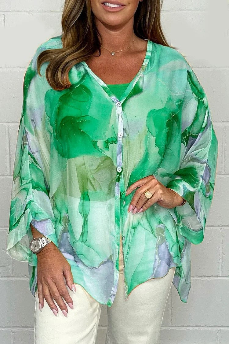 Summer Floral Printed Chiffon Shirt Green