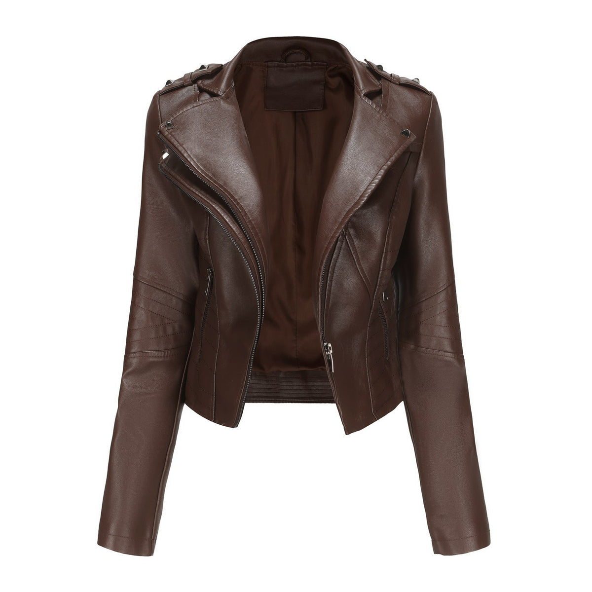 Slim Fit Long Sleeved Leather Jacket Coffee
