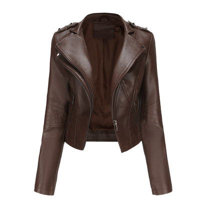 Slim Fit Long Sleeved Leather Jacket Coffee
