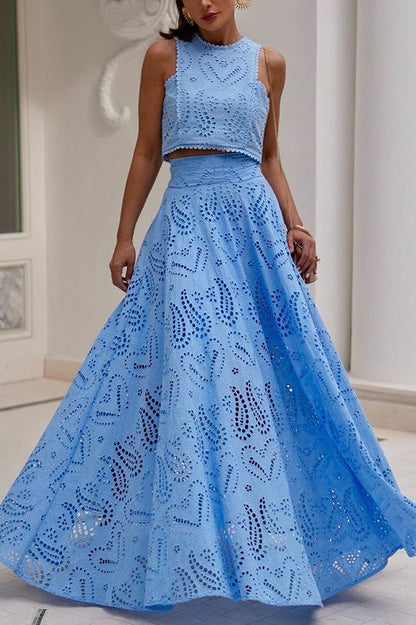 Spring Summer Sleeveless Long Skirt Pocket Set Casual Vacation Loose Two Piece Set Women Blue Set