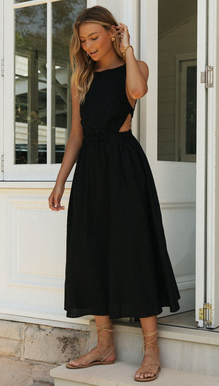 Rround Neck Sexy Backless Maxi Dress Black