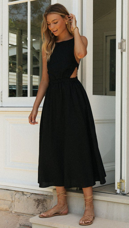 Rround Neck Sexy Backless Maxi Dress Black