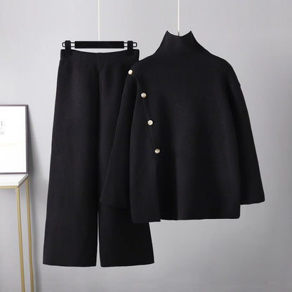 Casual Wide Leg Pants Two Piece Set One Size Black