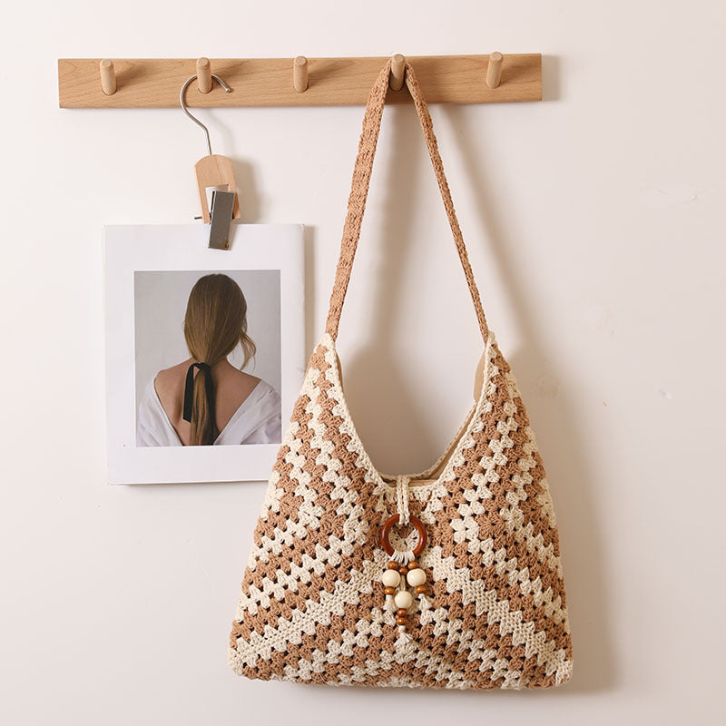 Ethnic Traditional Shoulder Bag Cotton Thread Woven Bag One Size Cotton Thread V-Shaped Grandma Plaid Coffee