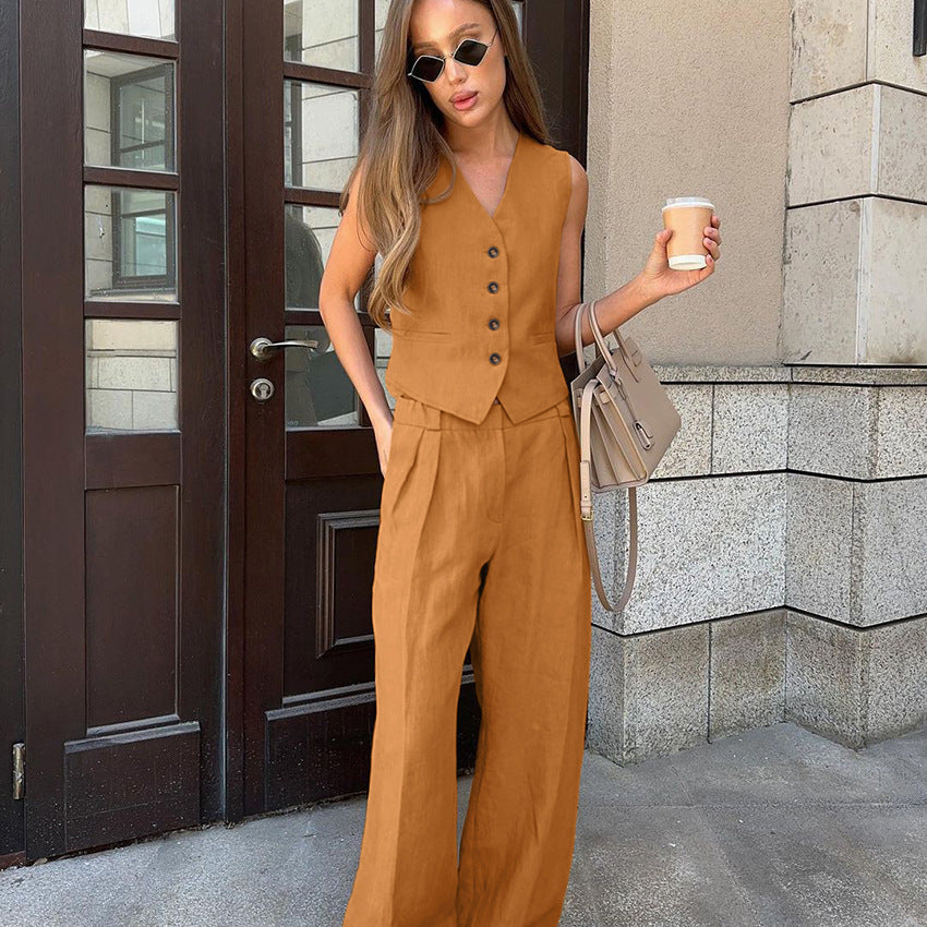Solid Color Cotton Linen Casual Set Orange