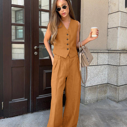 Solid Color Cotton Linen Casual Set Orange