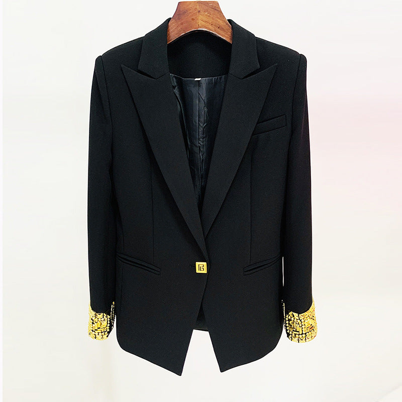 Embellished Beaded Cuffs One Button Mid-Length Blazer S Black
