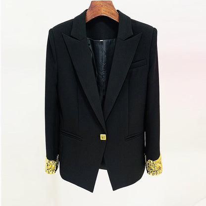 Embellished Beaded Cuffs One Button Mid-Length Blazer S Black