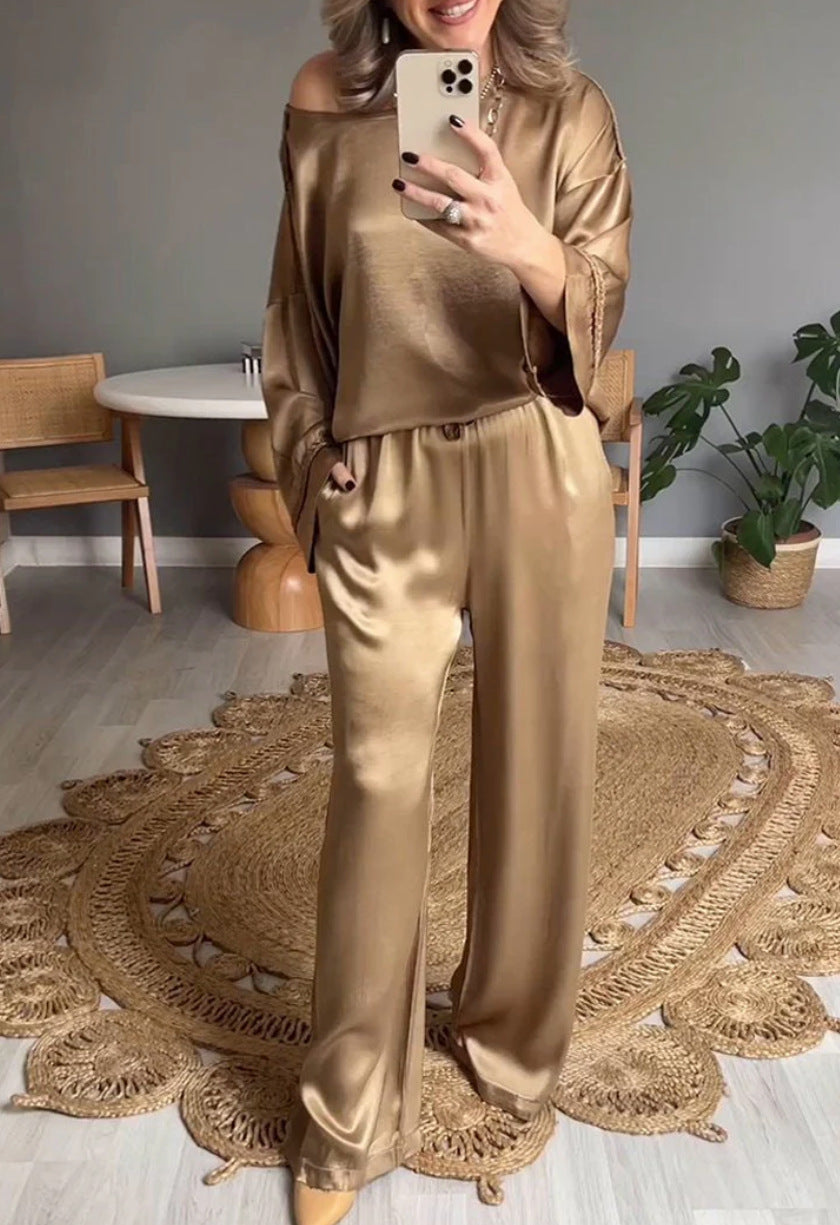 Versatile Satin Casual Long Sleeve Relax Fit Set Khaki