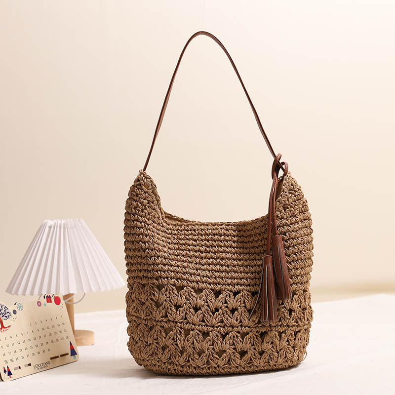 Crochet Casual Handbag One Size Peach Heart Tassel Coffee