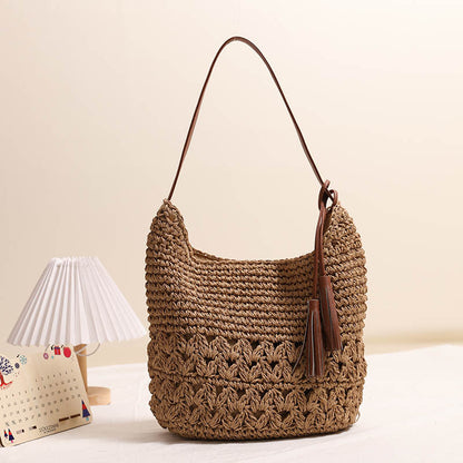 Crochet Casual Handbag One Size Peach Heart Tassel Coffee
