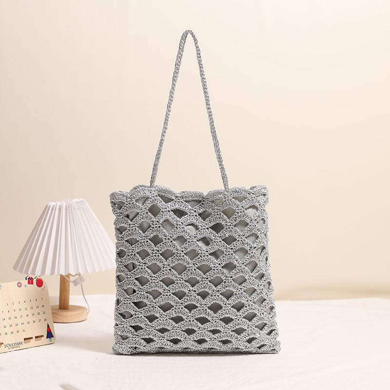 Handmade Crochet Cotton Woven Bag One Size Silver Fan Surface