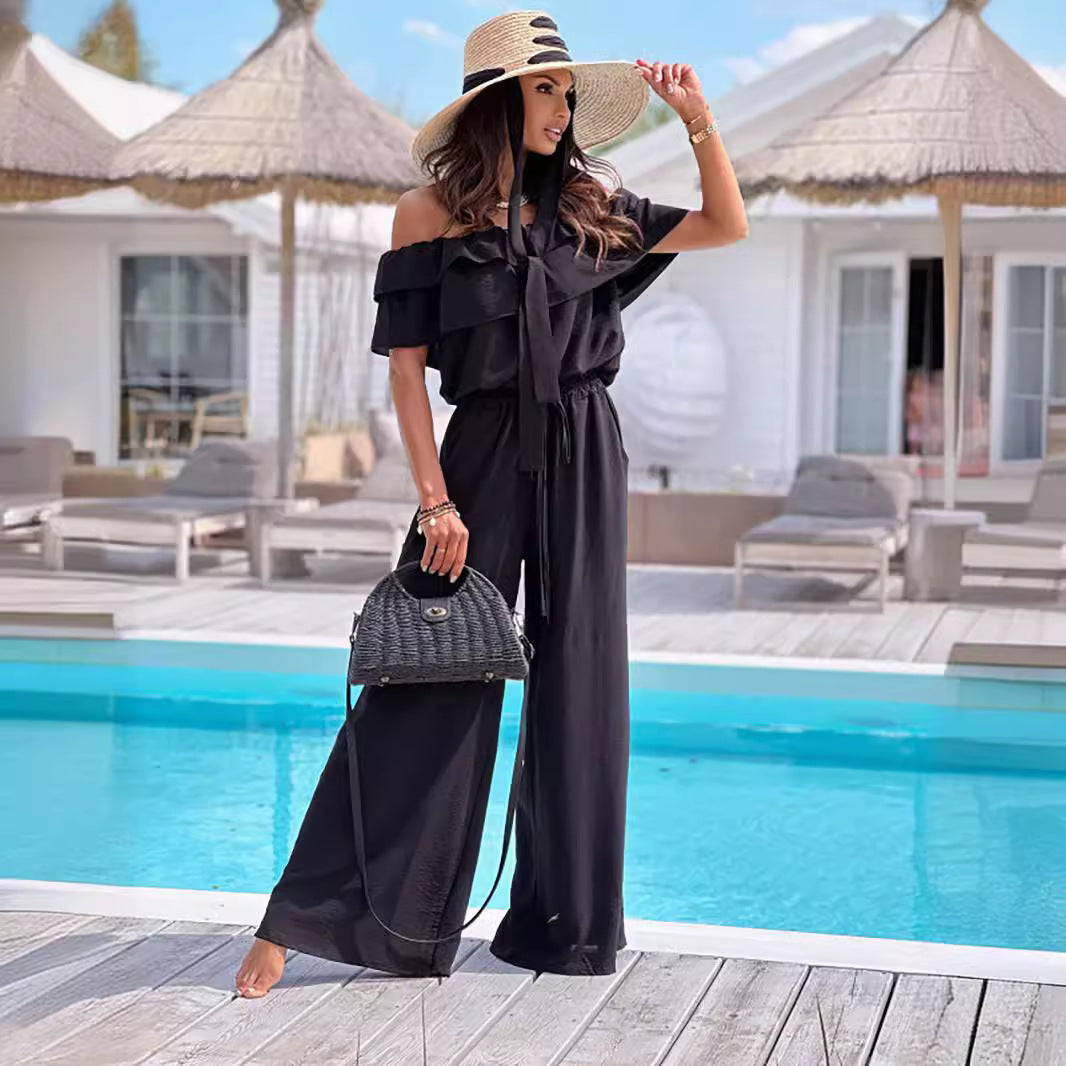 Ruffled off Shoulder Short Sleeved Jumpsuit Black