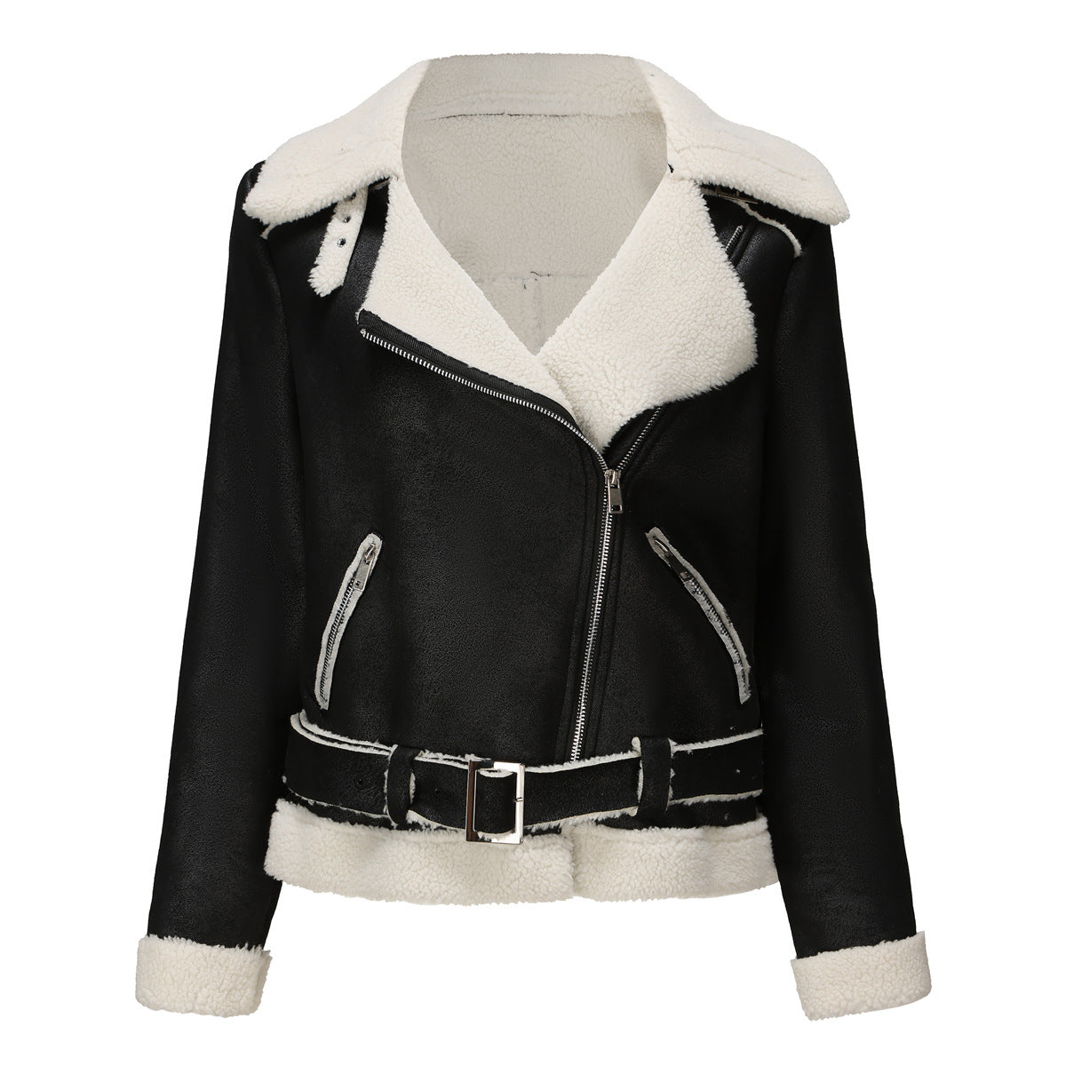 Vegan Leather Shearling Jacket Black