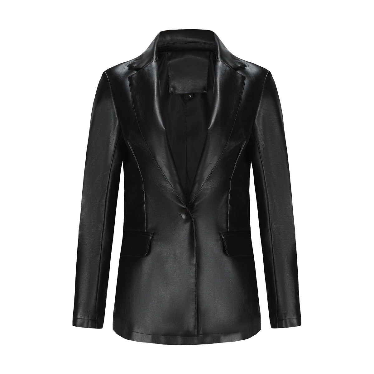 Small Long Sleeved Coat Women Single Button Office Casual Solid Color Leather Coat Black