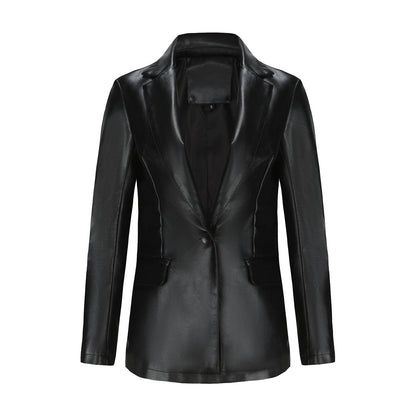 Small Long Sleeved Coat Women Single Button Office Casual Solid Color Leather Coat Black