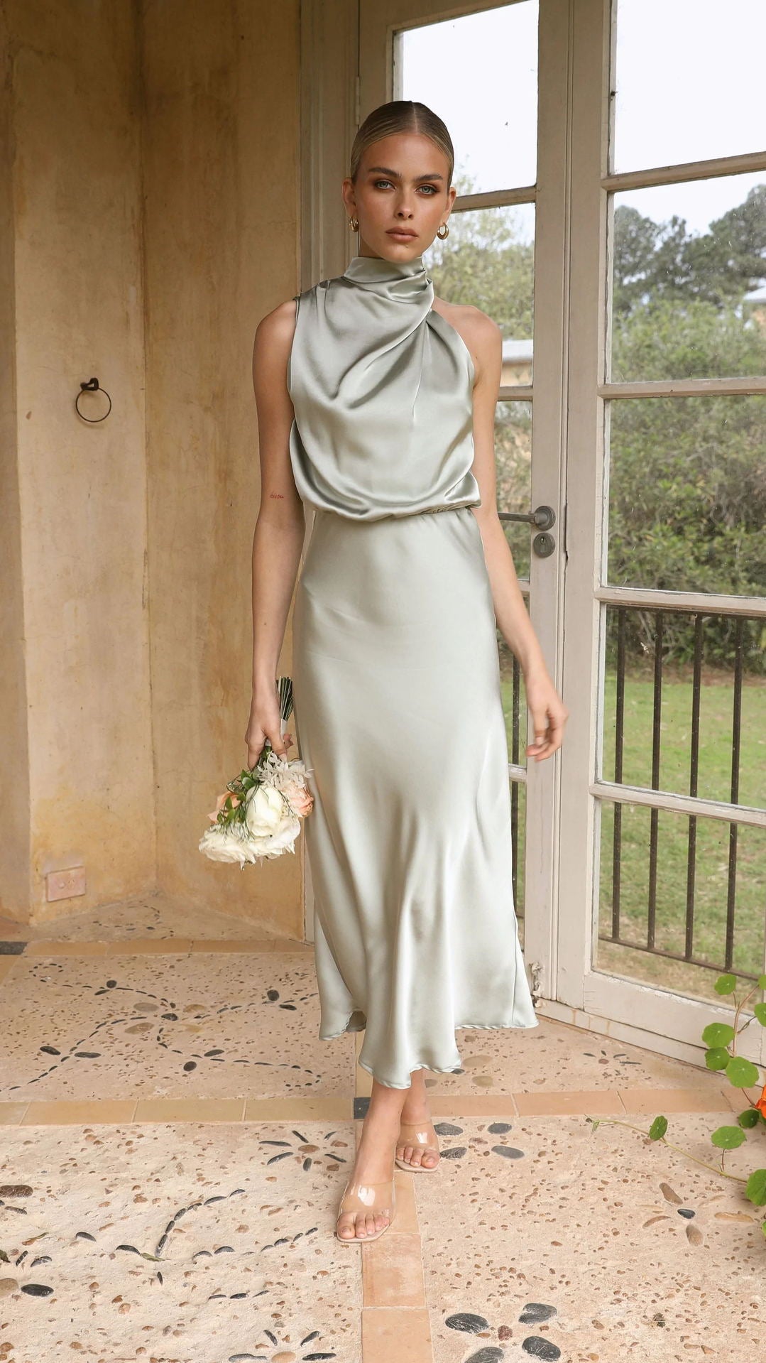 Sleeveless Halter Solid Color Satin Dress Light Green