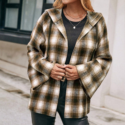 Checked Plaid Hooded Shirt Jacket Khaki