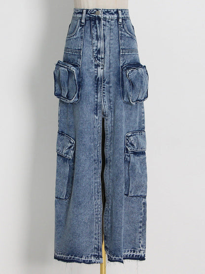 Anita Sexy Long Front Slit Denim Skirt Blue