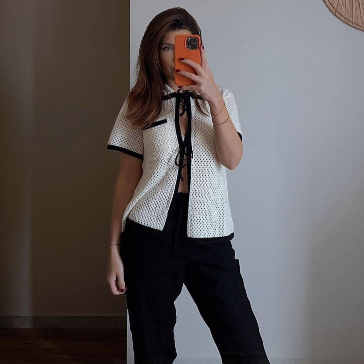 Striped Collared Pocket Short Sleeve Top Suit Beach Bohemian Contrast Color Long Skirt Women White Top