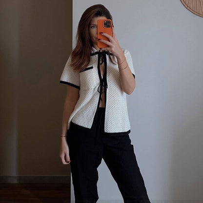 Striped Collared Pocket Short Sleeve Top Suit Beach Bohemian Contrast Color Long Skirt Women White Top