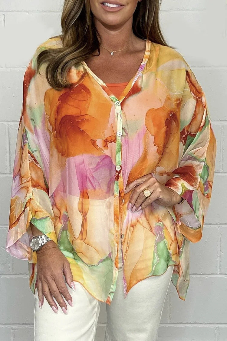 Summer Floral Printed Chiffon Shirt Orange