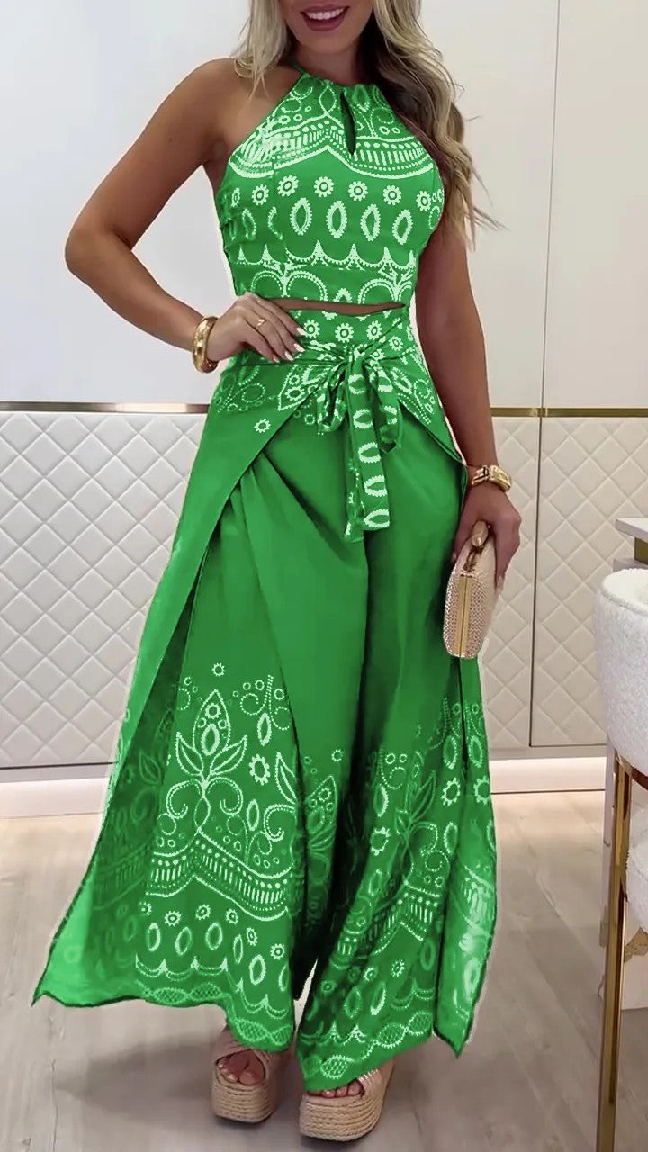 Boho Halter Top & Wide Leg Pants Two Piece Sets Green