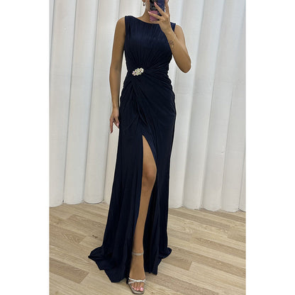 Pleated Split Evening Dress Women Navy Blue