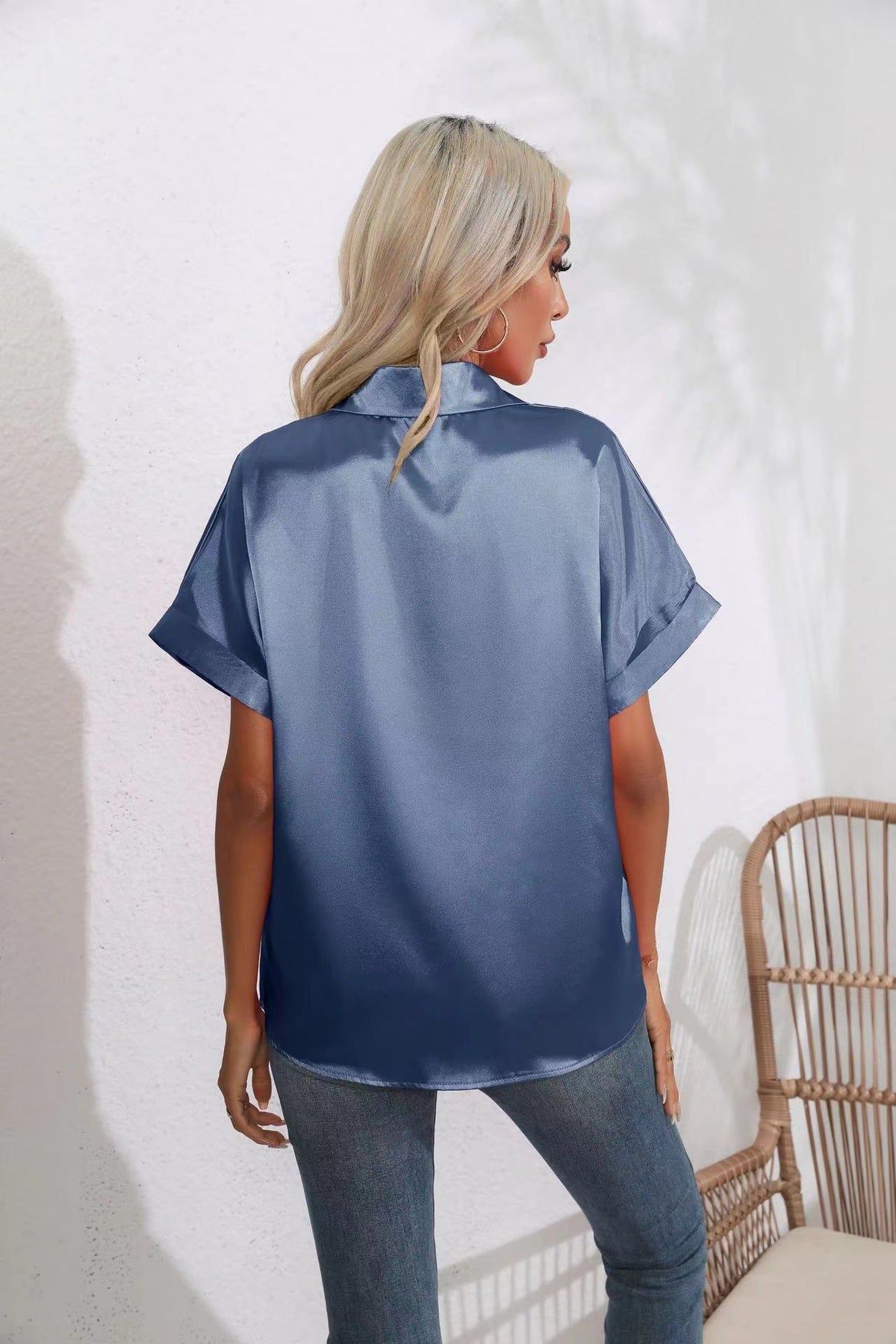 Short Sleeve Satin Button Shirt Casual Loose Top Women Navy Blue