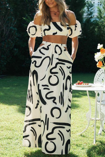 Summer Puff Sleeves Sexy Printed Set White