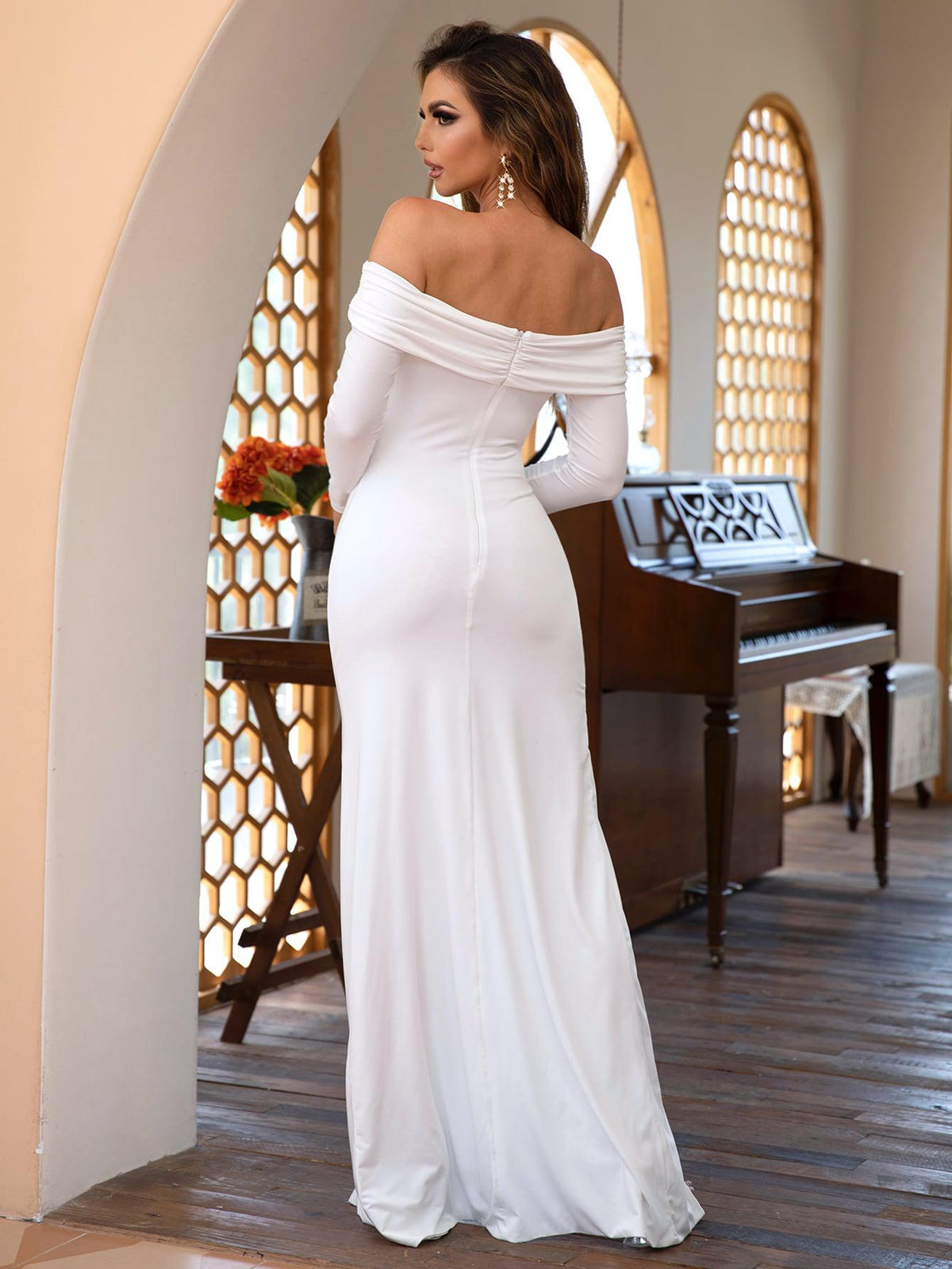 Off-Shoulder Ruched Split Floor-Length Dress