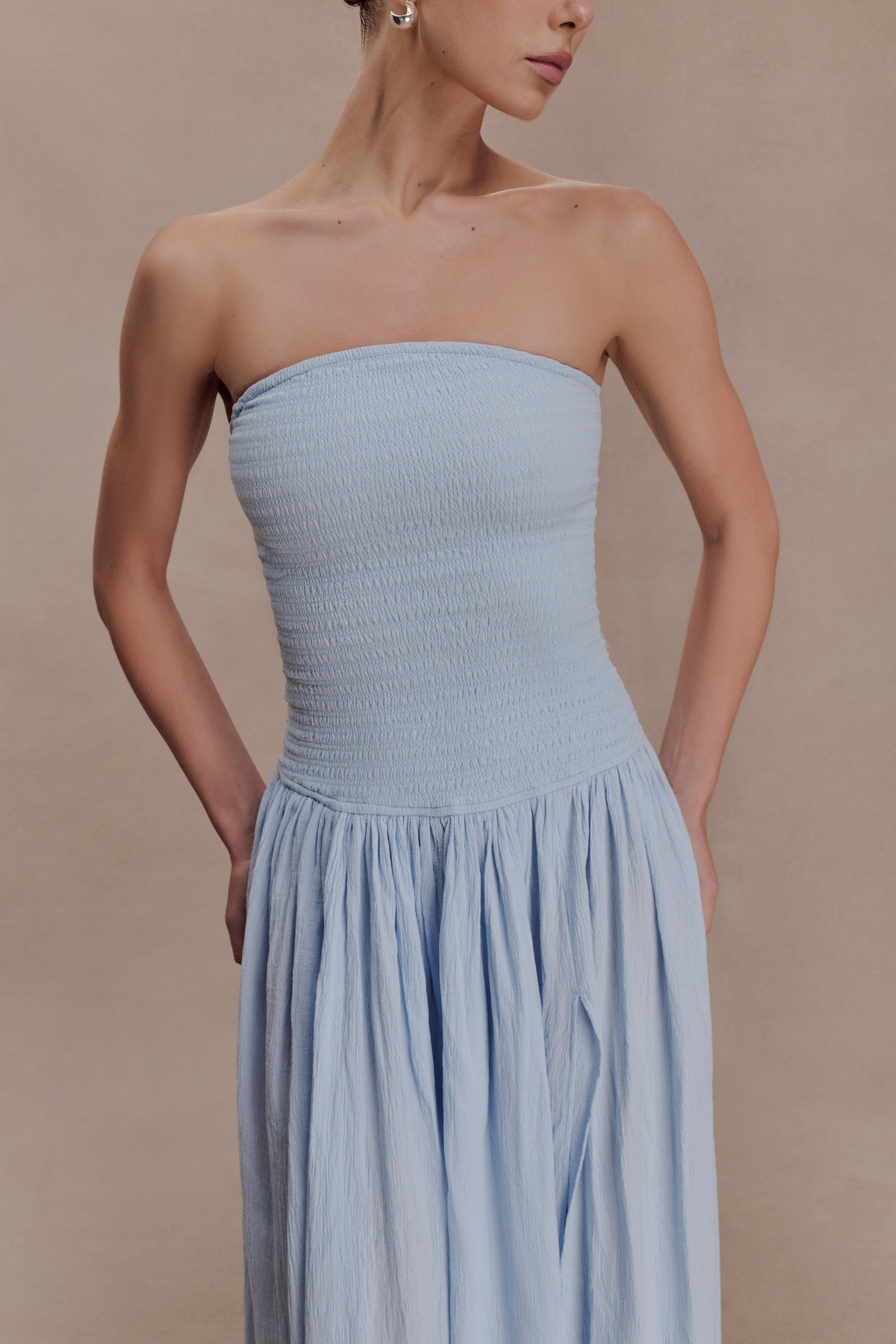 Solid Smocking Strapless Maxi Dress