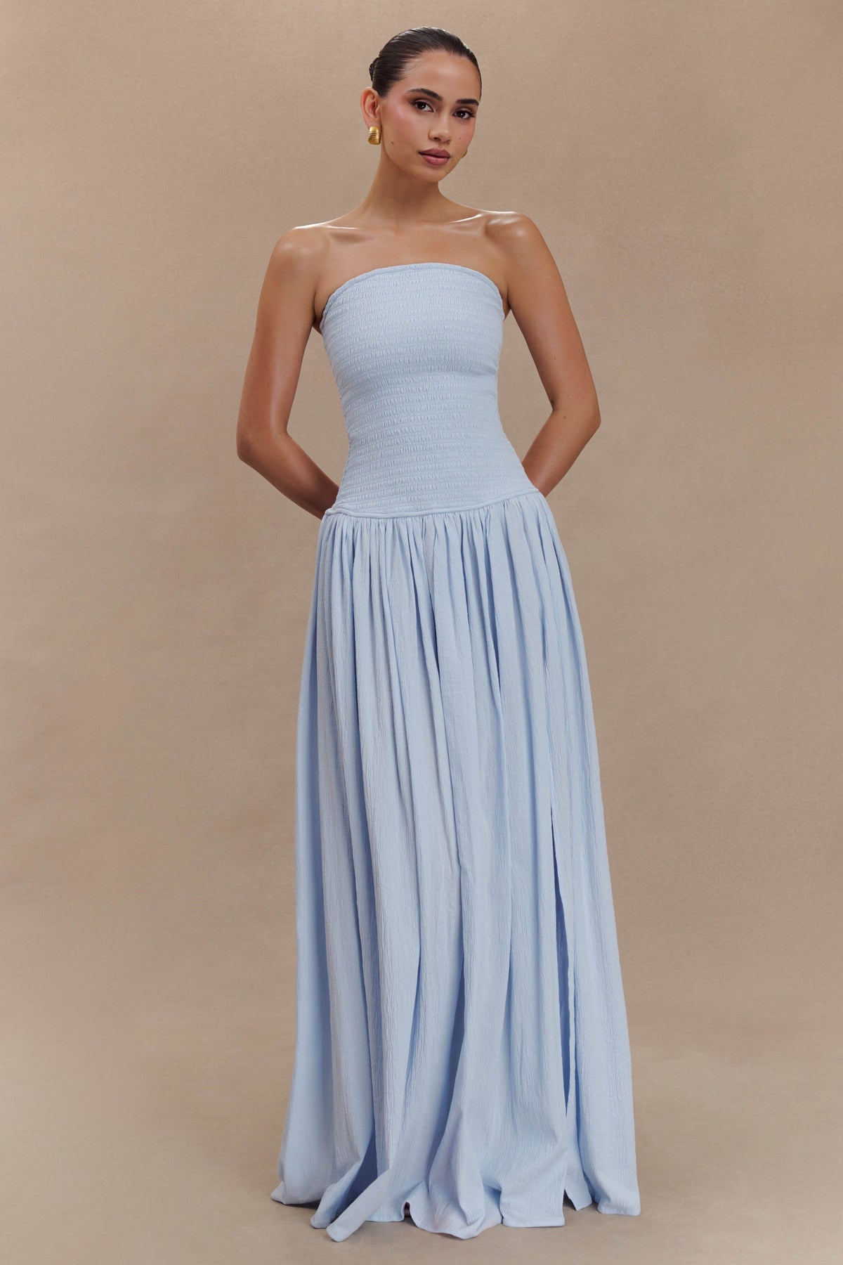 Solid Smocking Strapless Maxi Dress