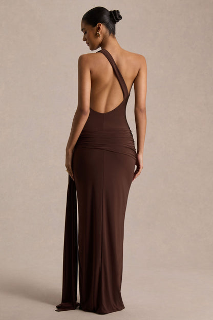Jersey Metal Buckle Ruched Sash One Shoulder Maxi Dress