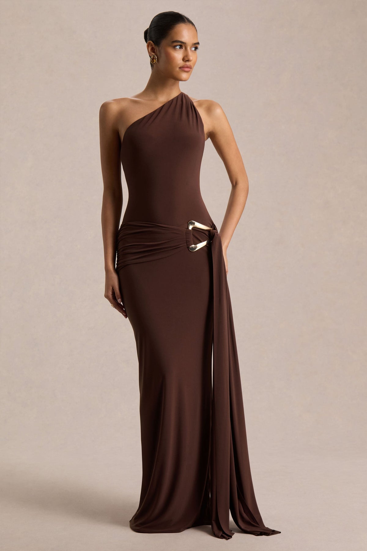 Jersey Metal Buckle Ruched Sash One Shoulder Maxi Dress