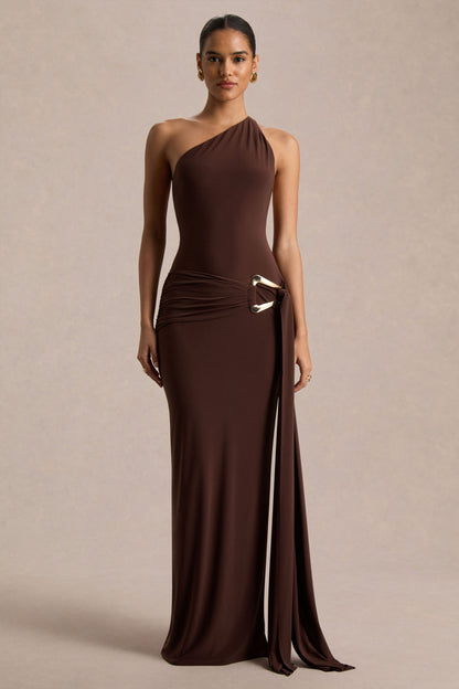 Jersey Metal Buckle Ruched Sash One Shoulder Maxi Dress