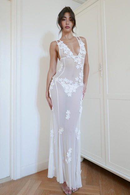 Sheer Mesh 3D Floral Slit Slip Maxi Dress