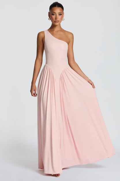 Jersey One Shoulder Gathered Maxi Dress
