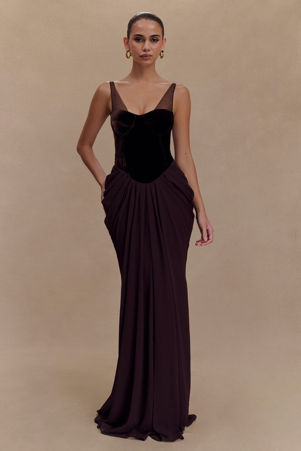 Velvet Chiffon Patchwork Ruched Maxi Dress