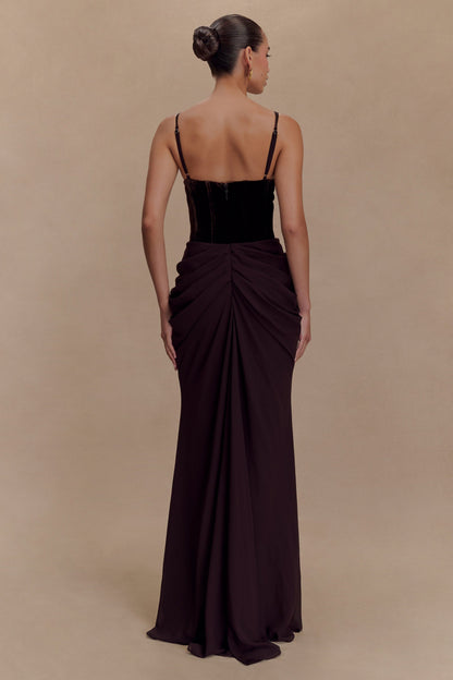 Velvet Chiffon Patchwork Ruched Maxi Dress